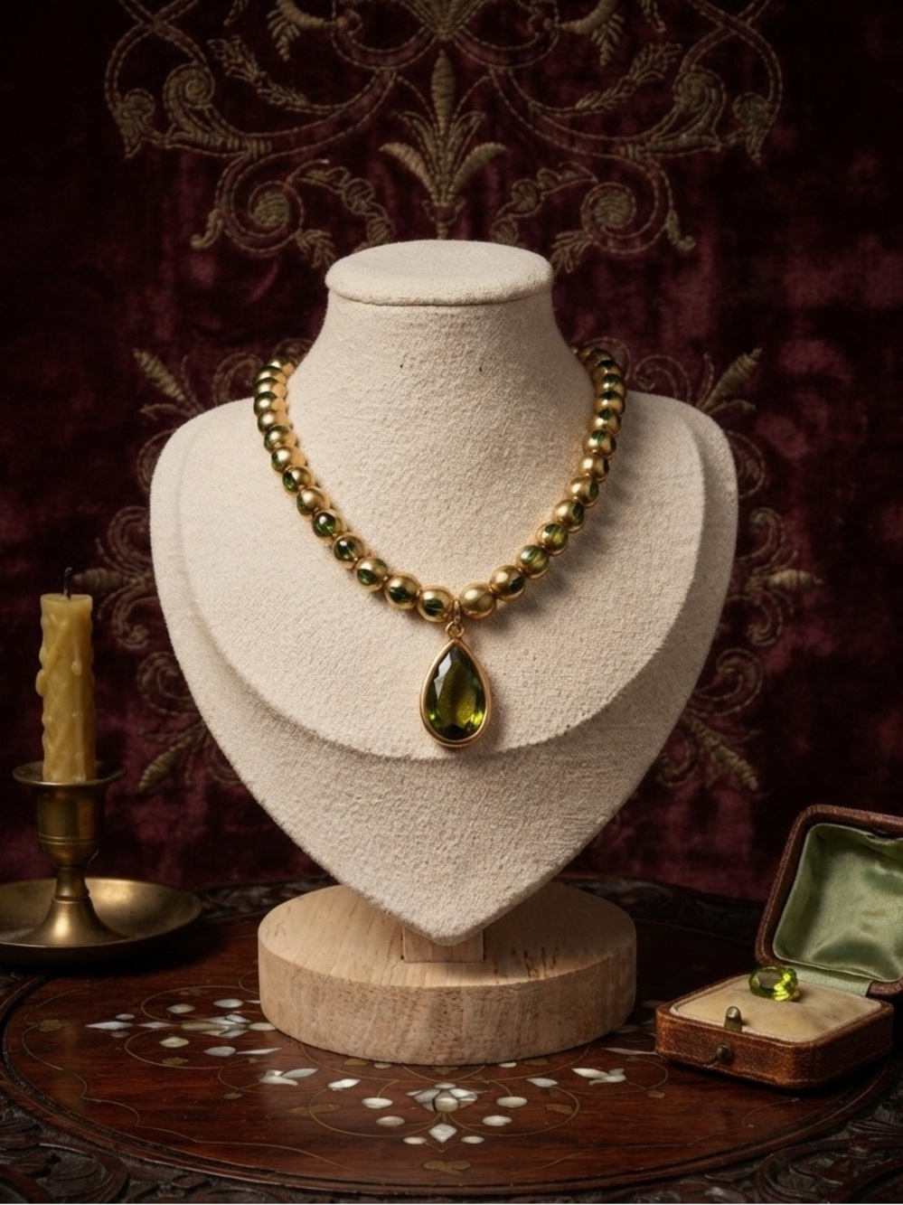 One of a kind Gold Bead Necklace with Olive Green Teardrop Pendant/ vintage